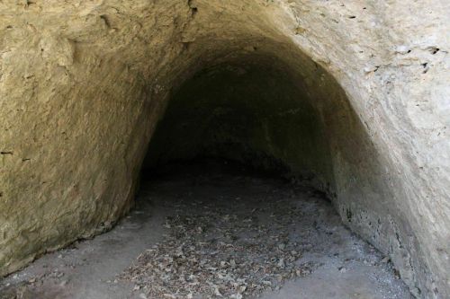 A dark cave entrance with rough stone walls and a sandy floor, partially covered with leaves.