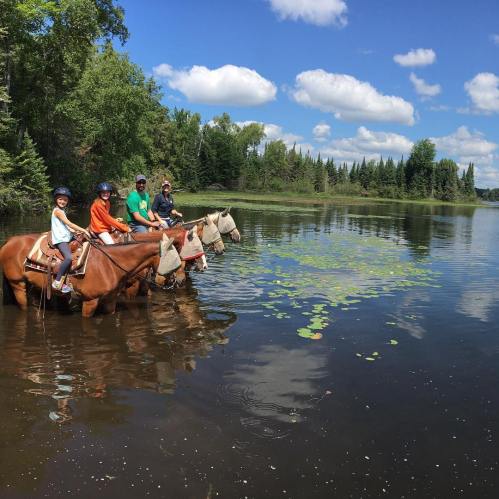 A group of five people on horseback wading in a calm lake surrounded by trees and blue skies with fluffy clouds.