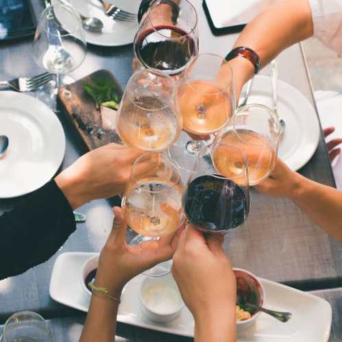 A group of hands toasting with various glasses of wine and sparkling water at a dining table.