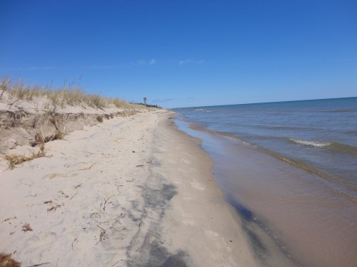 A sandy beach with gentle waves, blue sky, and distant dunes under bright sunlight.