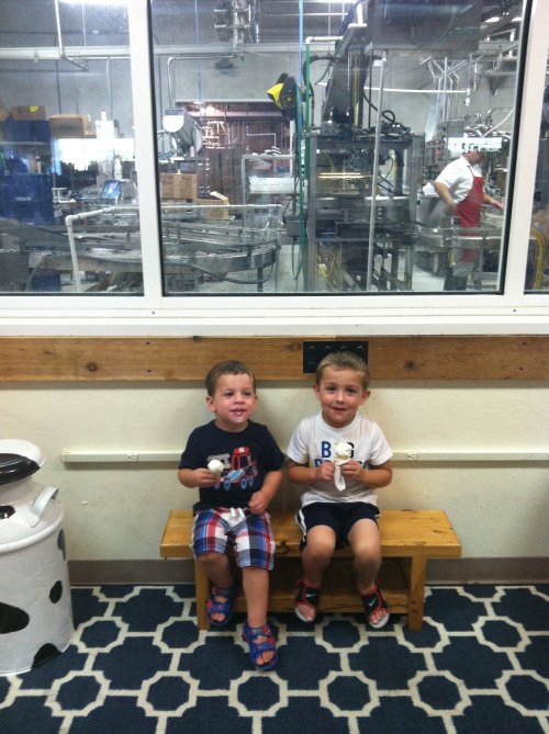 Two young boys sit on a bench holding ice cream cones, with a factory visible through a glass wall behind them.