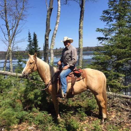 A man in a cowboy hat rides a palomino horse near a lake, surrounded by trees and greenery on a sunny day.