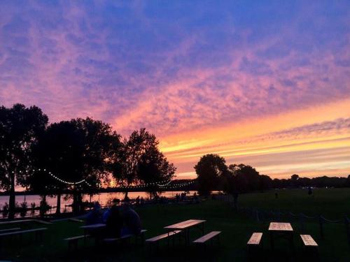 A vibrant sunset over a lake, with silhouettes of trees and people sitting at picnic tables in a park.
