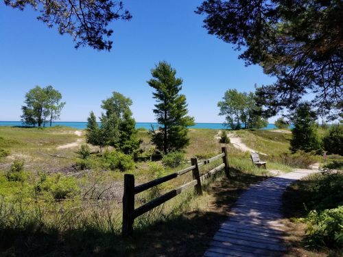 A wooden path leads through greenery to a serene lake view under a clear blue sky.