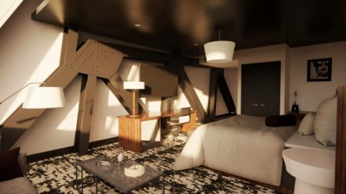 Modern hotel room featuring sleek furniture, large windows, and unique architectural elements.