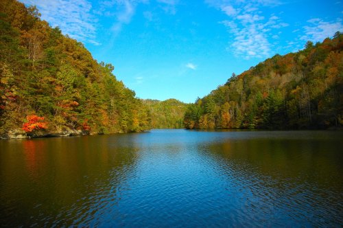 A serene lake surrounded by colorful autumn trees under a clear blue sky.