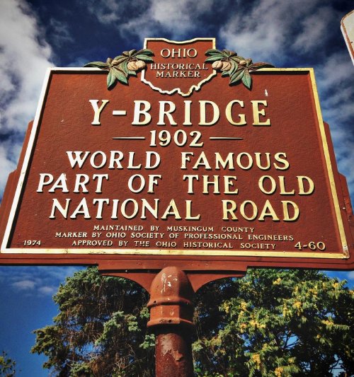 Historical marker for Y-Bridge, built in 1902, part of the Old National Road, maintained by Muskingum County.