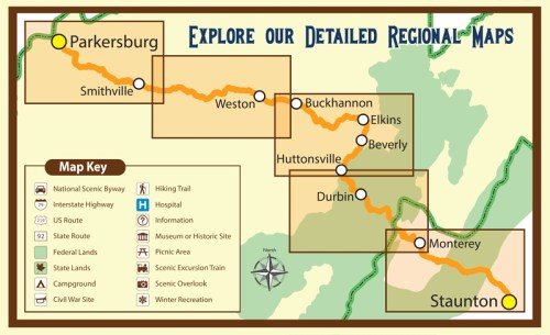Map highlighting regional areas in West Virginia, including Parkersburg, Weston, and Staunton, with key locations marked.
