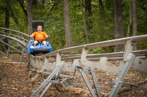A child in an orange shirt joyfully rides a blue coaster on a winding track through a wooded area.