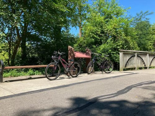 Two bicycles parked near a wooden railing, surrounded by lush green trees on a sunny day.