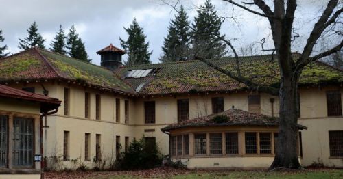 Abandoned building with moss-covered roof, surrounded by trees and a cloudy sky.