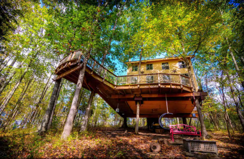 A treehouse elevated on stilts, surrounded by lush green trees and a wooden deck, with a swing below.