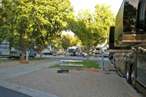A campground with RVs parked under trees, featuring picnic tables and a fire pit on a gravel surface.