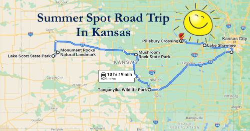 Map of a summer road trip in Kansas, highlighting destinations like Lake Scott State Park and Tanganyika Wildlife Park.