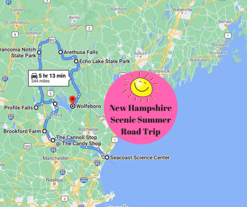 Map of a scenic summer road trip in New Hampshire, highlighting key stops and a total distance of 244 miles.