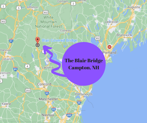 Map highlighting the location of the Blair Covered Bridge in Campton, NH, with a purple circle and arrow pointing to it.