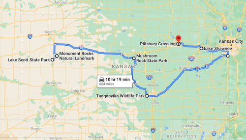 Map showing a route through Kansas, highlighting parks and landmarks, with a total distance of 624 miles.