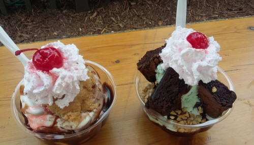 Two ice cream sundaes in clear cups, topped with whipped cream, cherries, and brownies, served on a wooden table.