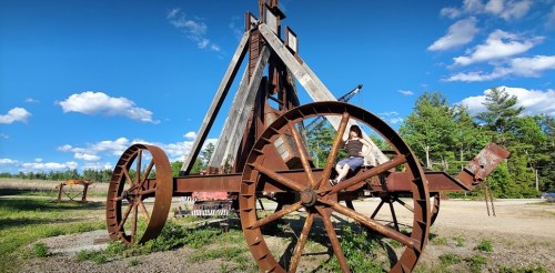 A person sits on a large, rusty wooden structure resembling a catapult, surrounded by trees and a blue sky.