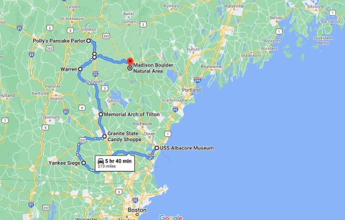 Map showing a route from Warren to Madison Boulder Natural Area, with stops at various locations and total distance of 273 miles.