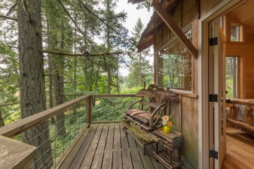 A rustic wooden deck with a bench, surrounded by lush green trees and a peaceful forest view.