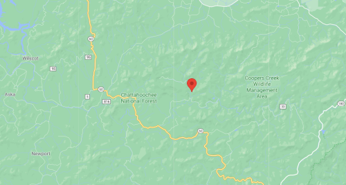 Map showing a location marked with a red pin in the Chattahoochee National Forest area.