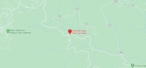 Map showing the location of Holcomb Creek Falls Trail Head, marked in red, with surrounding trails and roads.