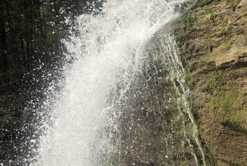 A close-up of a waterfall cascading over a rocky surface, creating a spray of water in a lush, green forest.