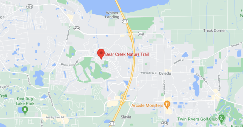 Map showing Bear Creek Nature Trail in Oviedo, Florida, with nearby roads and landmarks.