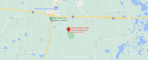 Map showing Falling Waters State Park Campground, located near highways and natural areas in Florida.