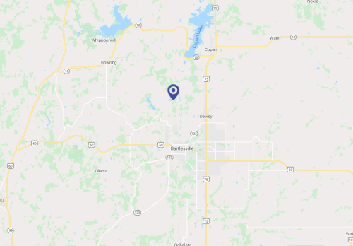 Map showing a location near Bartlesville, Oklahoma, with surrounding roads and natural features.