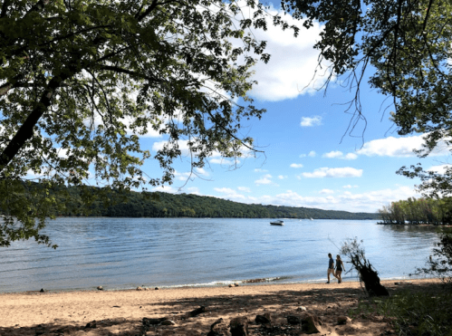 Two people walk along a sandy beach by a calm lake, surrounded by trees and a clear blue sky.