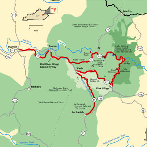 Map of the Red River Gorge Scenic Byway in Kentucky, highlighting routes and nearby natural areas.