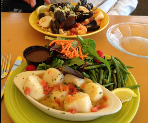 A plate of scallops with tomatoes and lemon, alongside a fresh salad and green beans, with another seafood dish in the background.