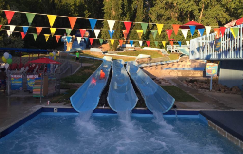 Water slides at a park with colorful flags overhead and a pool at the bottom, surrounded by trees and seating areas.