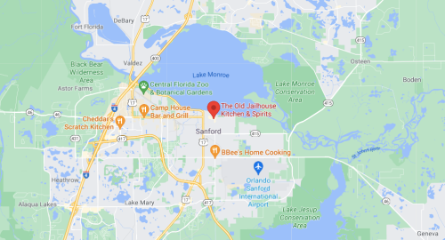 Map showing Sanford, Florida, with locations marked for The Old Jailhouse Kitchen & Spirits and BBee's Home Cooking.