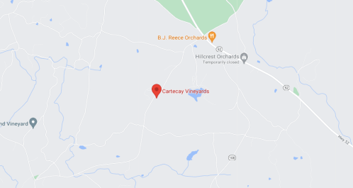 Map showing the location of Cartecay Vineyards, near B.J. Reece Orchards and Hillcrest Orchards.