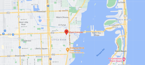 Map showing Miami Ironside location, with nearby neighborhoods and landmarks, including North Bay Village and Miami Beach.