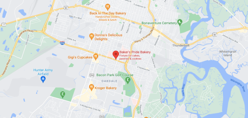 Map showing the location of Baker's Pride Bakery, near other local businesses and landmarks in the area.