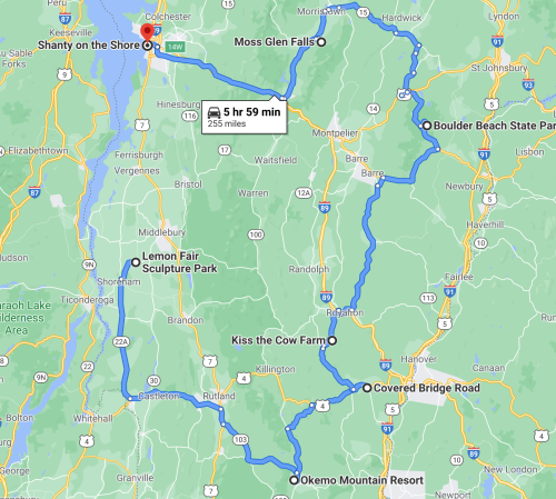 Map showing a route from Shanty on the Shore to Okemo Mountain Resort, highlighting various stops along the way.