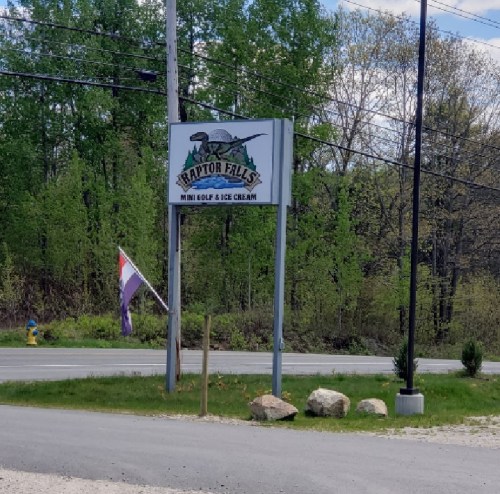 Sign for "Raptor Falls Mini Golf & Ice Cream" near a road, surrounded by greenery and a flag in the foreground.
