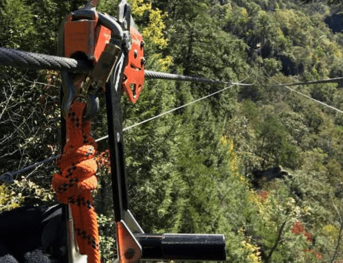 Close-up of a zip line pulley and safety harness against a backdrop of lush green trees and a distant zip line.