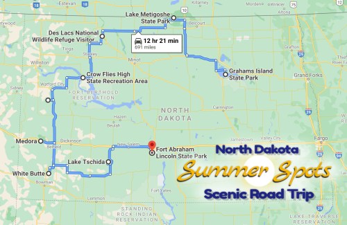 Map of a scenic road trip in North Dakota, highlighting summer spots and travel time of 12 hours and 21 minutes.