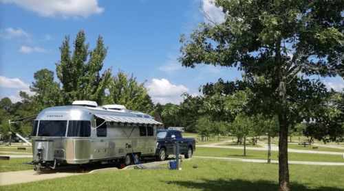 A shiny Airstream trailer parked beside a tree in a grassy area, with a blue sky and fluffy clouds in the background.