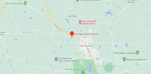 Map showing the location of Pine Mountain RV Resort near Pine Mountain, Georgia, with nearby landmarks and roads.