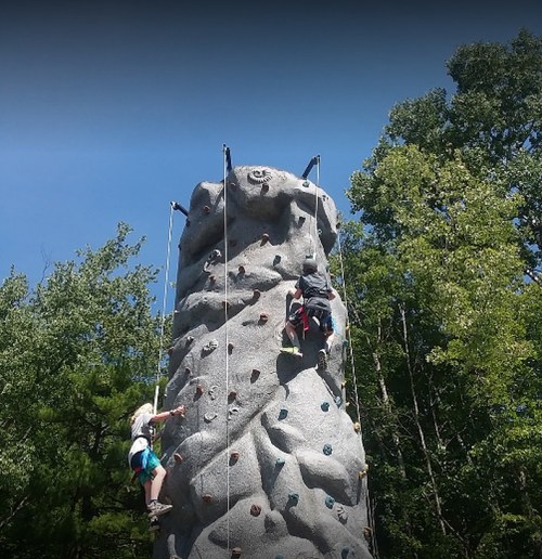 Two climbers ascend a tall rock wall surrounded by trees under a clear blue sky.