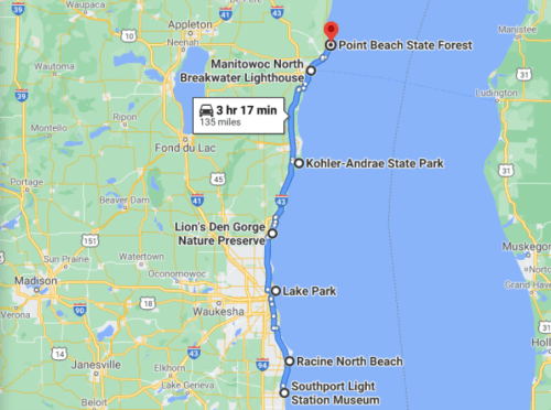 Map showing the route from Racine North Beach to Point Beach State Forest along the Lake Michigan shoreline.