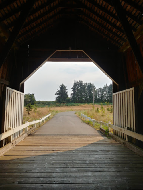 View from inside a covered bridge, looking out onto a grassy path and trees in the distance.