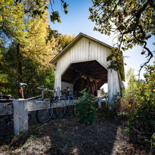 A white covered bridge surrounded by trees, with bicycles parked nearby on a sunny day.