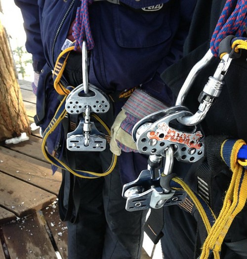Two climbing harnesses with carabiners and gear, hanging from a wooden platform in a snowy environment.